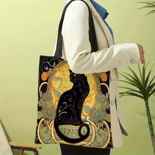 Bolsa de compra de lona 40x40 cm con motivo de gato negro Estampado artístico estilo Art Nouveau Bolso de hombro reutilizable