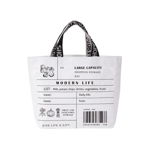 Bolsa de compra impermeable 33x33 cm fabricada en tejido PP Color blanco o verde Bolsa con estampado Bolsa grande portátil para verduras y compras