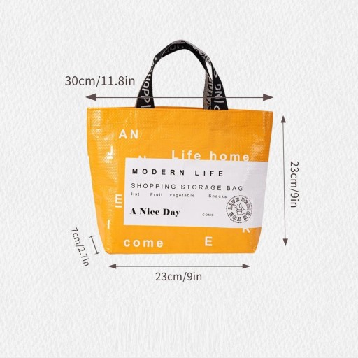 Bolsa de compra plegable 30 x 23 cm Bolsa amarilla/beige para frutas y verduras Bolsa impermeable portátil con la inscripción Have a nice day Bolsa de PP