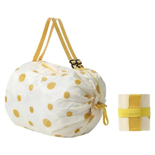 Bolsa de compra plegable de 40 x 40 cm de nailon Bolsa resistente con lunares amarillos Bolsa compacta con una capacidad de carga de 20 kg Volumen 48–64 litros