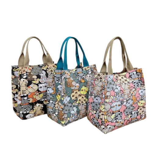 Bolsa de lona con estampado de gatos 24 x 26 x 14 cm Bolsa de compra con cremallera Bolsa térmica para el almuerzo Práctico bolso con motivos de dibujos animados Bolsa ecológica reutilizable