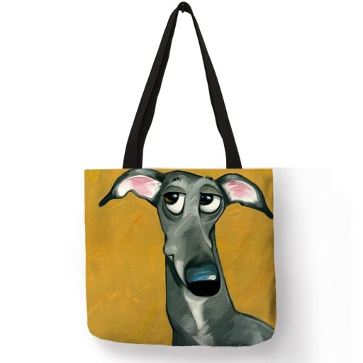 Bolsa de mujer con impresión de retrato de perro pintado Poliester de lino Forma cuadrada 40 x 40 cm Asas negras de 30 cm de largo Dibujo llamativo