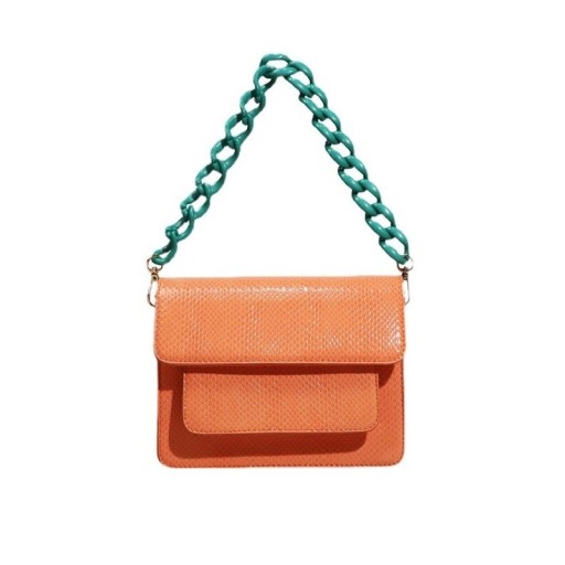 Bolsa de senhora crossbody com aba e bolso frontal Laranja com alça de corrente turquesa Pele PU com relevo de cobra 22 x 13 x 17 cm