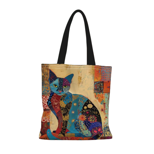 Bolsa de tela con motivo étnico de gato elaborada en tejido de lino liso 40x40 cm