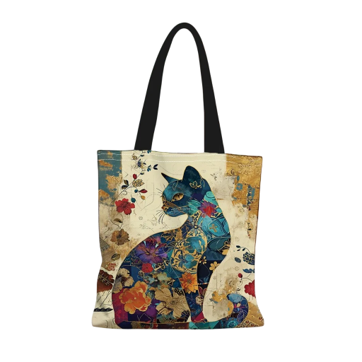Bolsa de tela con motivo floral de gato elaborada en tejido de lino liso 40x40 cm