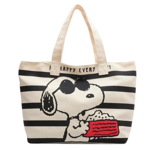 Bolsa de tela de lona con estampado de perro y palomitas en blanco y negro Elegante bolso de compras Al hombro Cremallera Doble asa