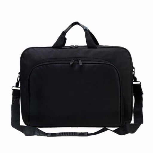Bolsa delgada negra para portátil con asas y correa de hombro ajustable con almohadilla. Bolsillo frontal con cremallera. Tejido de nylon. 40 x 5,5 x