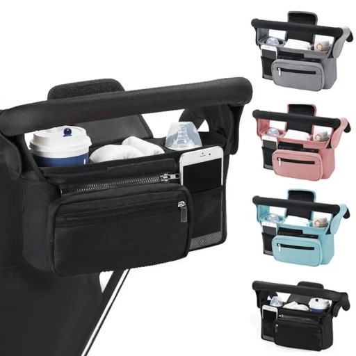 Bolsa para cochecito con portabotellas y soporte para teléfono 33 x 16 x 10 cm Bolsillo frontal con cremallera Bolsa extraíble
