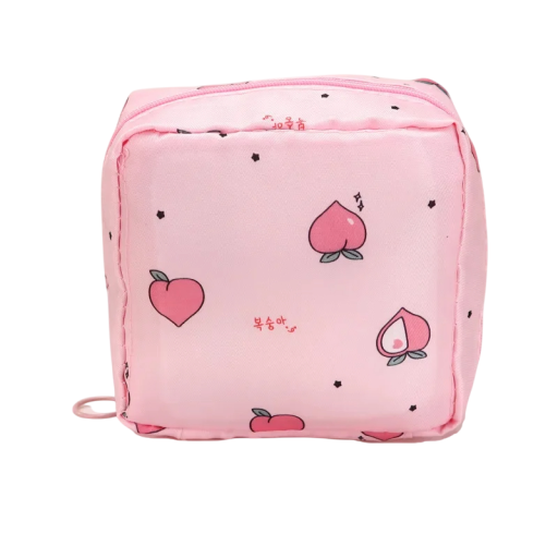Bolsa para pensos higiénicos e tampões femininos 12 x 12 x 4 cm Saco de armazenamento à prova de água com fecho Tecido rosa com padrão de maçãs em forma de coração