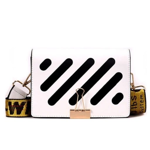 Bolso cruzado de mujer con franjas diagonales en contraste Clip decorativo en la solapa Correa ancha de PU y poliéster 19 x 15 x 7 cm