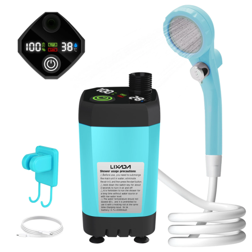 Bomba de ducha portátil de 6000 mAh con pantalla digital, carga USB-C, manguera de 2 m, cabezal de silicona para ducha de camping, 800 g