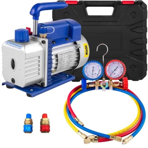 Bomba de vácuo para ar condicionado 4CFM 1/3HP de alumínio azul e prata, bomba HVAC de um estágio com manómetros e mangueiras para serviço