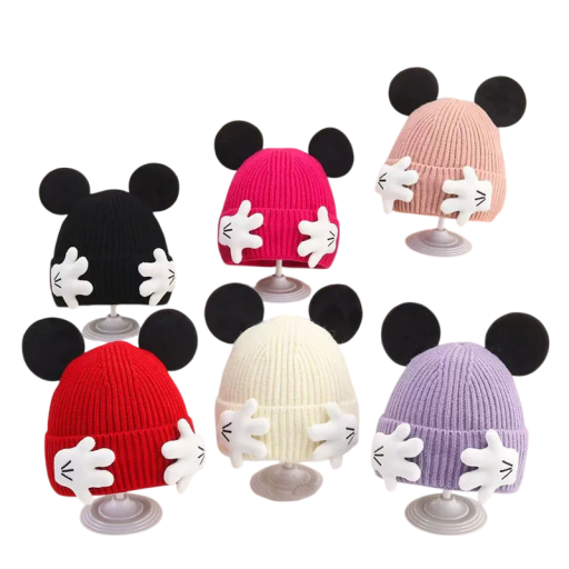 Bonnet d'hiver pour enfants avec oreilles de souris et mains 3D Âge 2–8 ans Bonnet chaud en acrylique Style animé Bonnet d'hiver chaud pour enfants