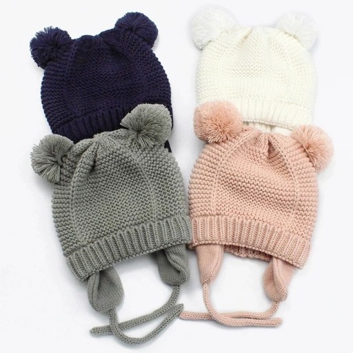 Bonnet d'hiver pour enfants avec pompons 19 × 18 cm 0–12 mois Coton acrylique Bonnet à nouer sous le cou Bonnet chaud pour bébés