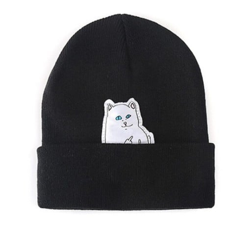 Bonnet tricoté pour femme avec un patch de chat qui apparaît sur le revers légèrement replié. Coton et polyester légèrement extensibles