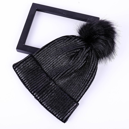 Bonnet tricoté pour femmes avec éclat métallique et grande pompon en fourrure Côtelé Revers Acrylique Taille universelle