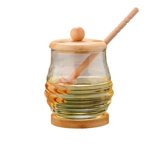 Borcan pentru miere 300 ml cu capac și lingură pentru miere, recipient transparent pentru miere cu suport pentru utilizare acasă în bucătărie