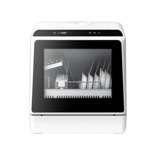 Bordopvaskemaskine med 5 vaskeprogrammer og tørring med varm luft Mål 458 x 430 x 428 mm Effekt 900 W Berøringskontrol Hvid farve