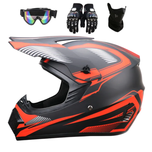 Børnemotorcykelhjelm med handsker og beskyttelsesbriller, full face ABS-hjelm med ventilationssystem, solskærm, maske, sort tryk