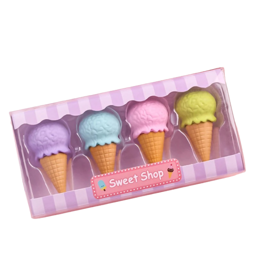 Børnesæt med blyantviskelædere formet som is, 4 stk. Farverige isviskelædere til børn Sæt med viskelædere i en æske Isviskelæder Gummiviskelæder i et sæt med 4 stk. 4,5 x 2,3 cm