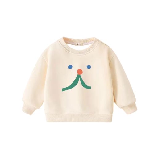 Børns cremede hoodie med ansigtstryk og rund halsudskæring over hovedet med lange ærmer og ribkant