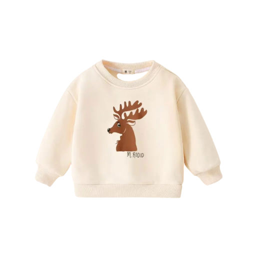Børns cremede sweatshirt med tryk af en hjort og rund halsudskæring over hovedet med lange ærmer og ribkantede kanter til drenge og piger