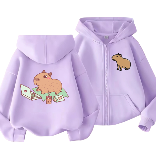 Børns hættetrøje med lynlås med capybara motiv Polyester Kawaii manga stil med lommer Ensfarvet trøje til drenge og piger Forskellige farver