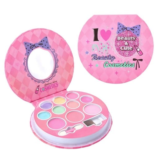 Børns make-up boks 12,98 x 12 x 2 cm Palette med spejl 7 øjenskygger 3 blush 2 pensler Farverig make-up sæt til små prinsesser