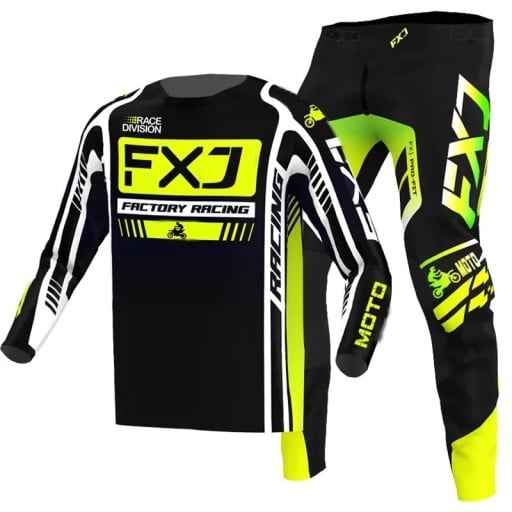 Børns motocross sæt trøje og bukser Langærmet Polyester og nylon Sort med neongule elementer Til motocross og motorcykelkørsel