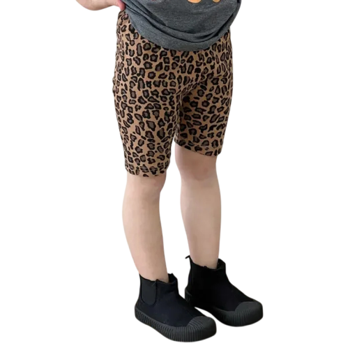 Børns pigekortbukser med leopardmønster tætsiddende cykelshorts til piger med elastisk talje og knælang længde