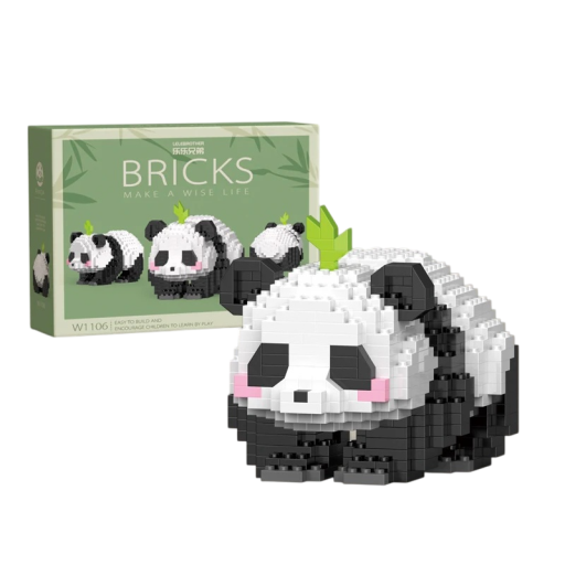 Børns søde byggeklodser i form af en panda, der ligger og har et lille grønt blad på hovedet, 556 dele, kreativ bygning
