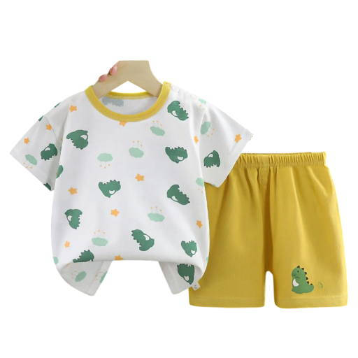 Børns sommer sæt unisex Bomulds t-shirt med korte ærmer Rund hals Hvid t-shirt Print af grøn dinosaur Gul shorts