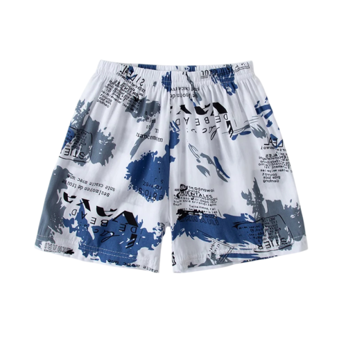 Børns sommer shorts med abstrakt mønster og elastisk talje blå-hvide luftige shorts til børn med tryk af skrifter