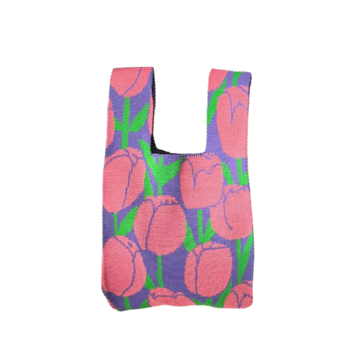 Borsa a maglia da donna con motivo floreale di tulipani 20x35 cm poliestere con fodera in cotone borsa per uso quotidiano