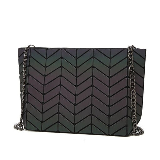 Borsa a tracolla da donna con motivo geometrico zigzag Scura con riflesso cangiante Catena metallica PU pelle e poliestere 28 x 17,5 x 7 cm