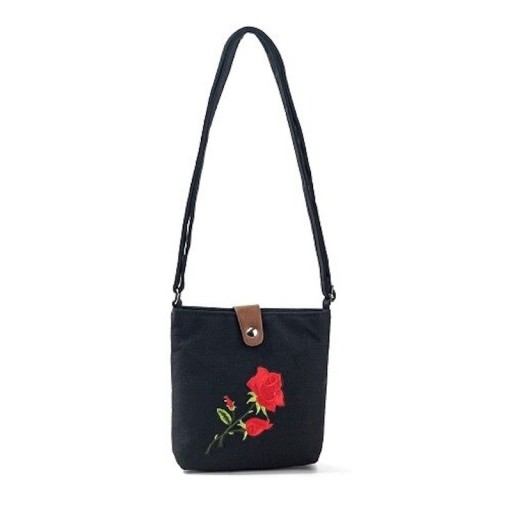 Borsa a tracolla in tessuto da donna Motivo rosa rossa Chiusura con laccio e bottone metallico Tracolla lunga Cotone e poliestere 16 x 18 x