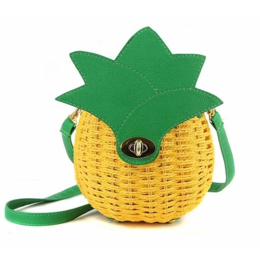 Borsa a tracolla per donne a forma di ananas Aspetto intrecciato Patta a forma di foglie verdi con chiusura metallica Lino e poliestere 19 x 17 x 14