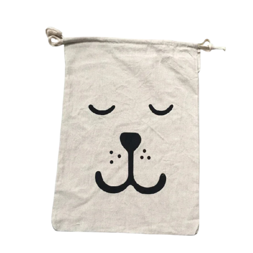 Borsa in lino per biancheria e giocattoli con cordino 45x61 cm cotone e lino sacco beige con stampa di faccia animale