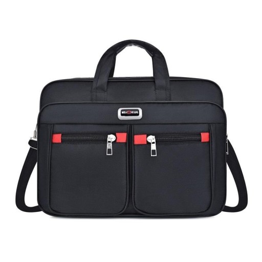 Borsa nera per notebook con manici e tracolla Più scomparti con zip Due tasche frontali con anelli rossi Poliestere 30 x 12 x 40 cm