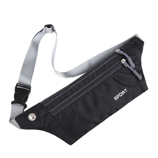 Borsetă sport pentru alergare, neagră, din material Oxford impermeabil, 33x11 cm, cu curea reglabilă și două buzunare cu fermoar