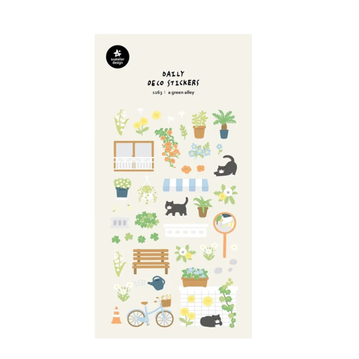 Botanikai mintás dekoratív matricák ív 9,2x15 cm PVC zöldsárga virágokkal és növényekkel naplóhoz scrapbookhoz jegyzetfüzethez