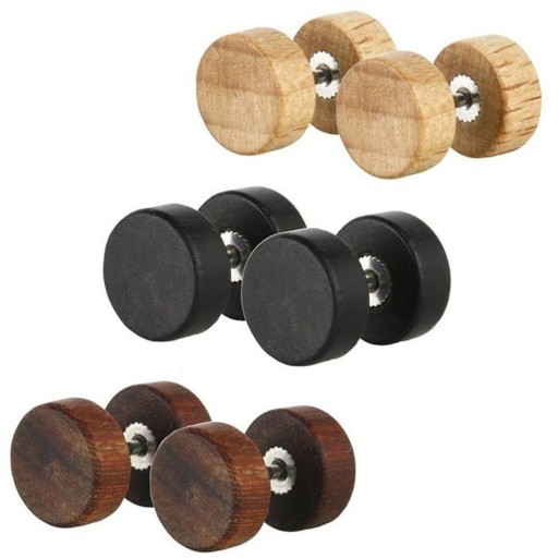 Boucles d'oreilles en bois pour hommes en forme de haltère J2104