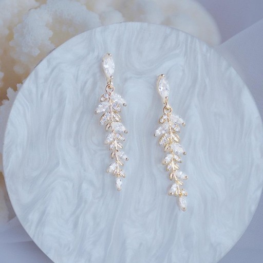 Boucles d'oreilles pendantes en forme de feuilles avec pierres