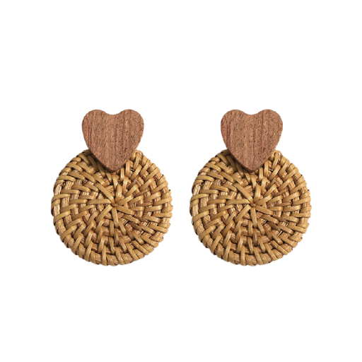 Boucles d'oreilles pendantes pour femmes design rond tressé détail cœur bois naturel marron beige boucles d'oreilles marquantes pour un usage quotidien
