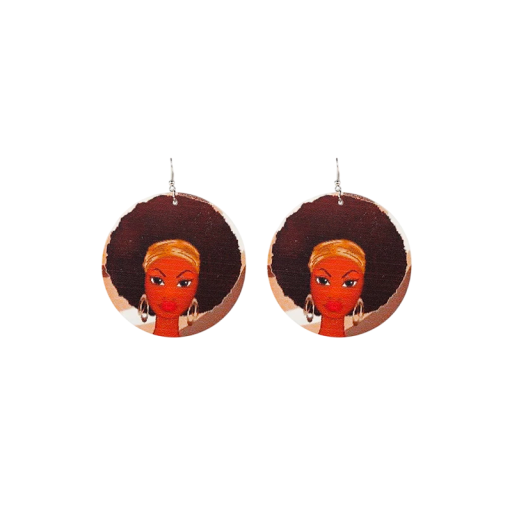 Boucles d'oreilles pendantes rondes pour femmes avec portrait de femme 8x6 cm en bois marron et orange accessoire marquant pour un usage quotidien