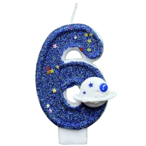 Bougie d'anniversaire numéro 6 avec surface bleue pailletée et motif de planète Bougie d'anniversaire avec des étoiles décoration pour gâteau d'anniversaire