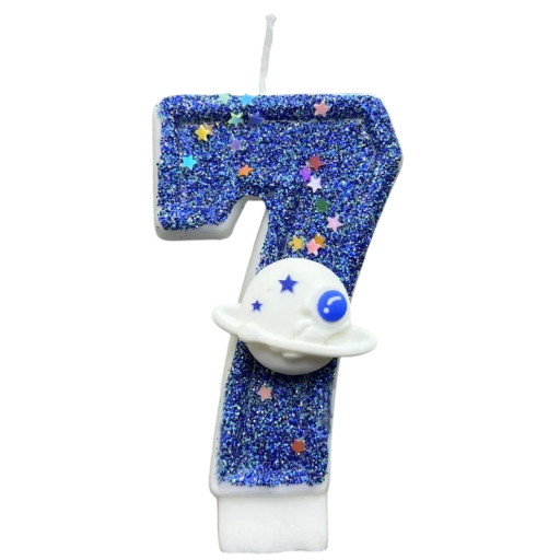 Bougie d'anniversaire numéro 7 avec surface bleue scintillante et motif spatial Bougie d'anniversaire bleue avec étoiles et planète décoration de gâteau