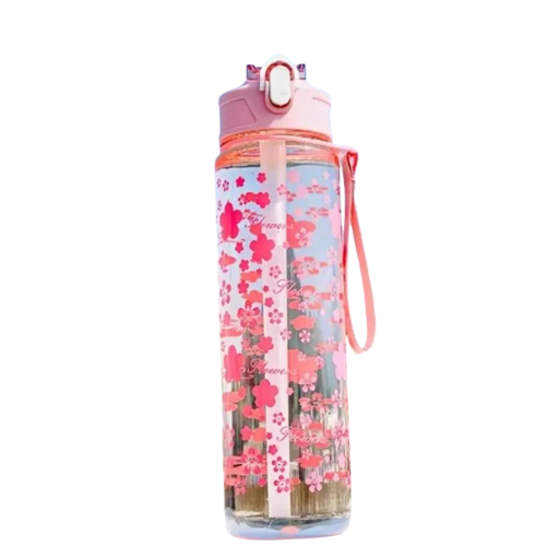 Bouteille en plastique à boire avec paille 800 ml Bouteille rose en plastique avec motif floral bouteille portable pour une utilisation quotidienne