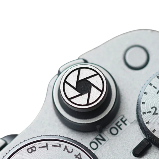 Bouton de déclenchement métallique 1,5 cm Rond argenté avec symbole d'ouverture d'appareil photo pour Sony A7C2 Fujifilm XT50 X100VI Xhalf XM5 XE4