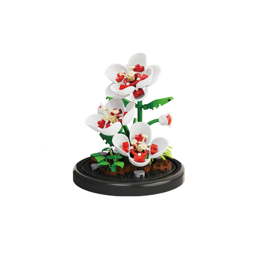 Bouwset bloem onder stolp 85×93 mm Witte bloem met rode details 127 onderdelen Decoratief model met fijne bloemblaadjes en verfijnde structuur